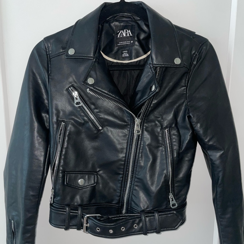 Zara Black Faux Leather Biker Jacket with Belt